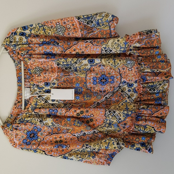 NWT Melloday Floral Ruffle Off the Shoulder Flowy Boho Top Small Blue Orange - Picture 7 of 16